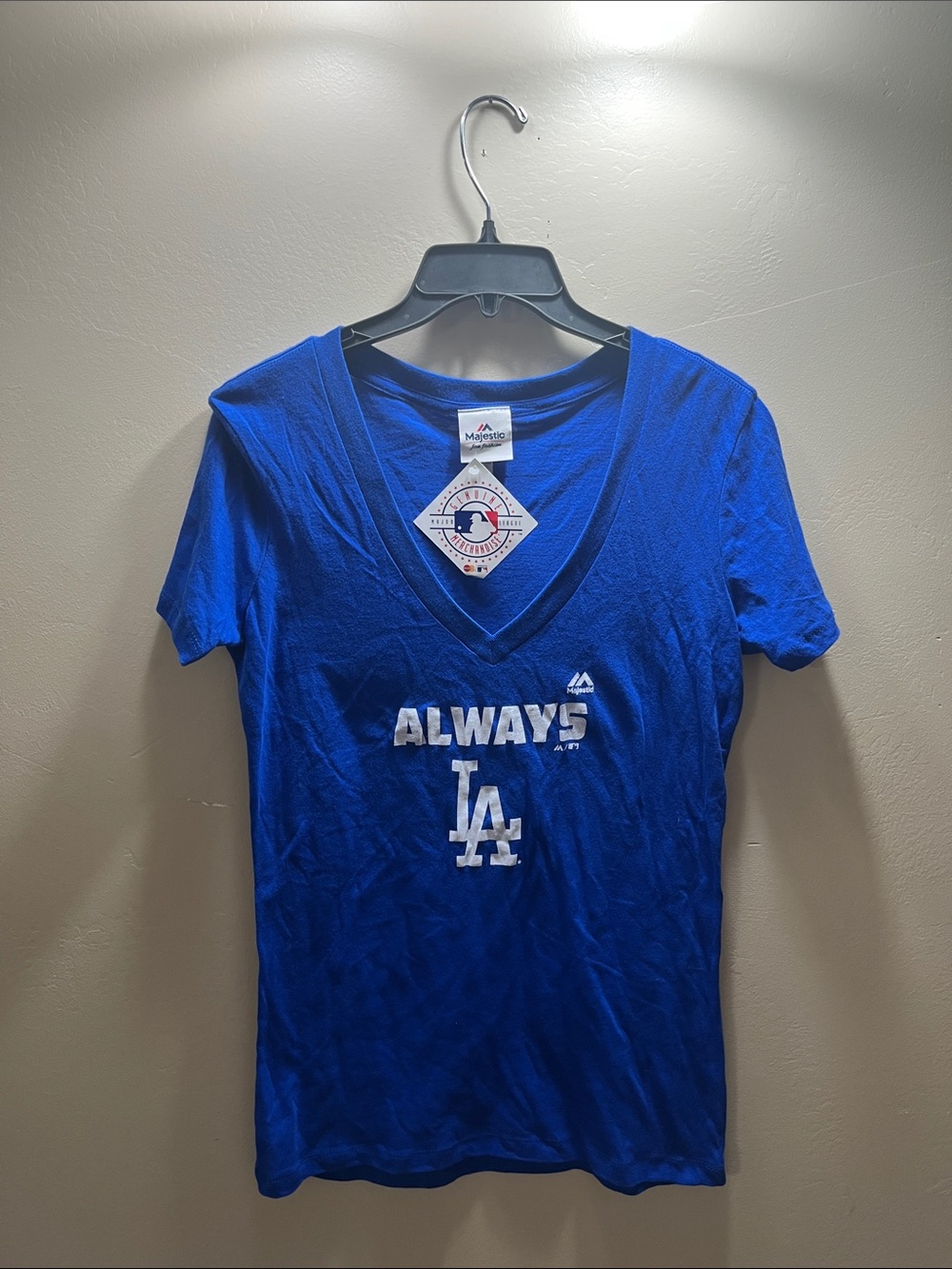 Majestic Royal Blue Los Angeles Dodgers V-Neck Tee with ALWAYS Graphic